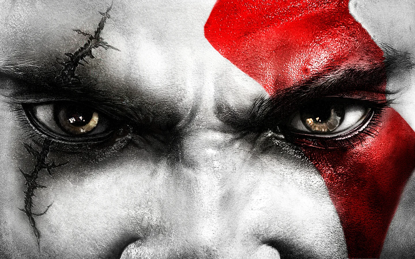 Kratos’s eyes and red facial tattoo in God of War III Remastered artwork for the community PC project overview.