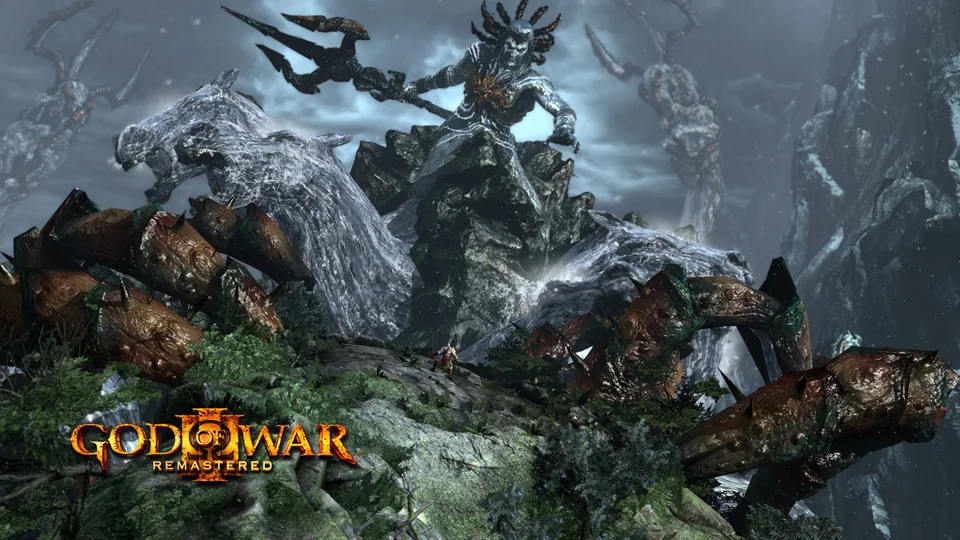 A vast rocky landscape and a colossal figure in God of War III Remastered PS4 promotional artwork.